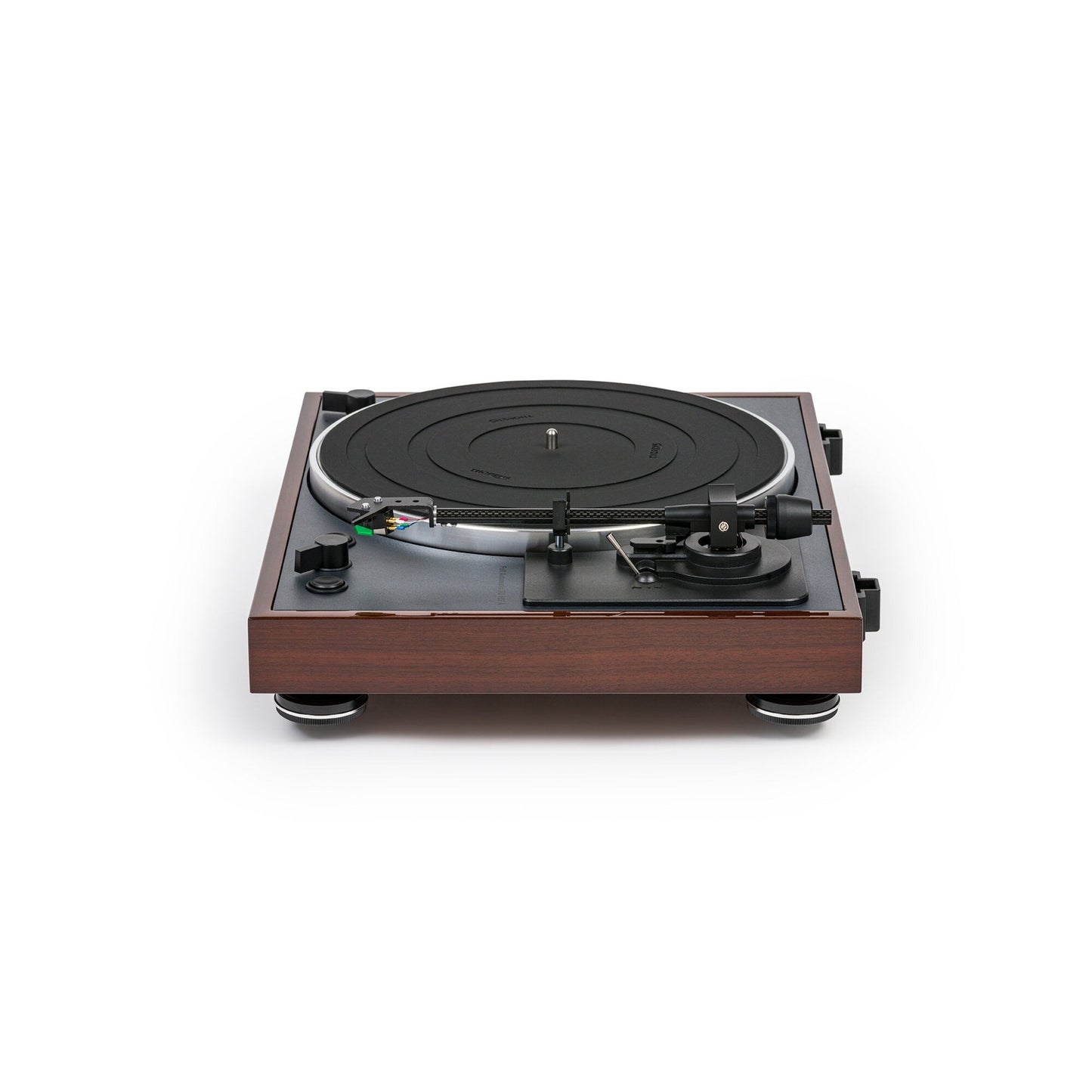 Thorens TD 102 A Plattenspieler Nussbaum Hochglanz Frontansicht von rechts mit Tonarm und Tonabnehmer