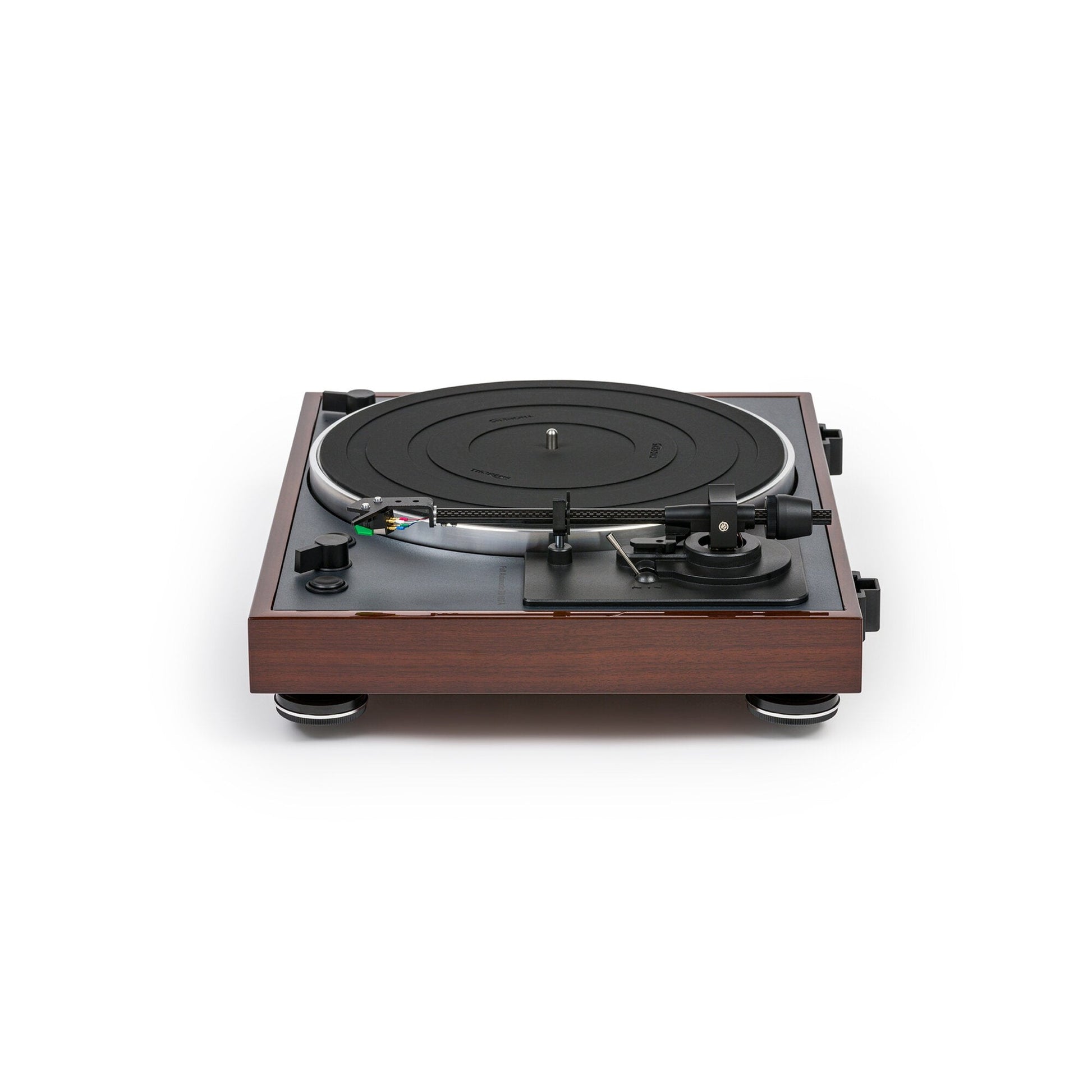 Thorens TD 102 A Plattenspieler Nussbaum Hochglanz Frontansicht von rechts mit Tonarm und Tonabnehmer