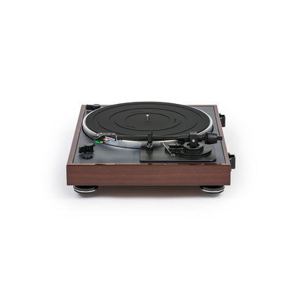 Thorens TD 102 A Plattenspieler Nussbaum Hochglanz Frontansicht von rechts mit Tonarm und Tonabnehmer