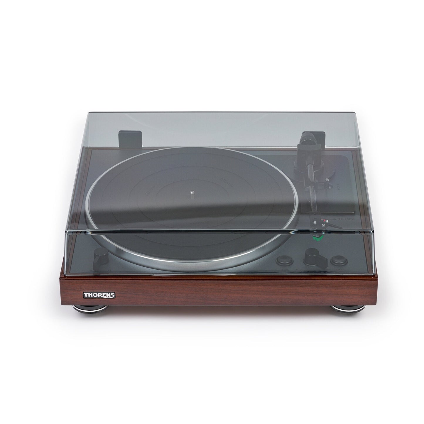 Thorens TD 102 A Plattenspieler Nussbaum Hochglanz Frontansicht mit geschlossener Staubschutzhaube