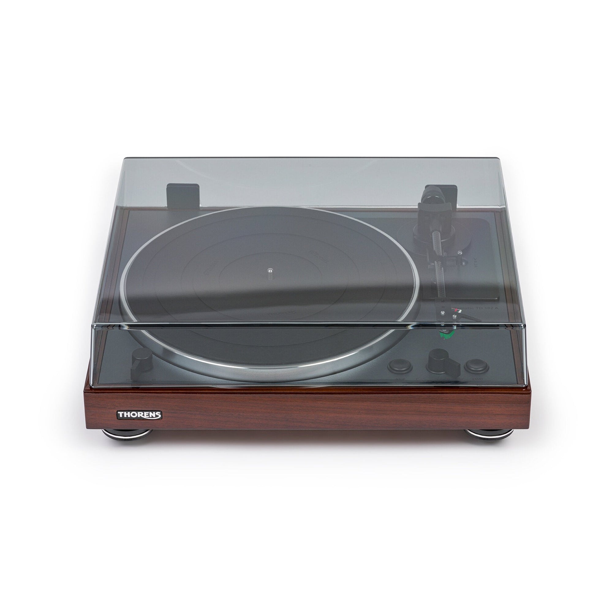 Thorens TD 102 A Plattenspieler Nussbaum Hochglanz Frontansicht mit geschlossener Staubschutzhaube