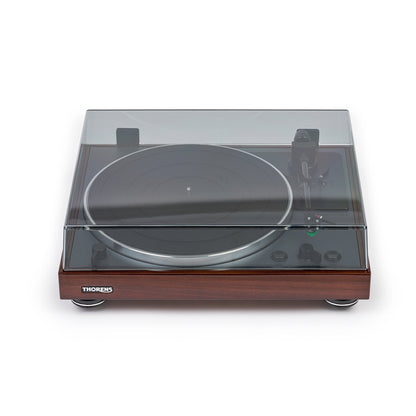Thorens TD 102 A Plattenspieler Nussbaum Hochglanz Frontansicht mit geschlossener Staubschutzhaube