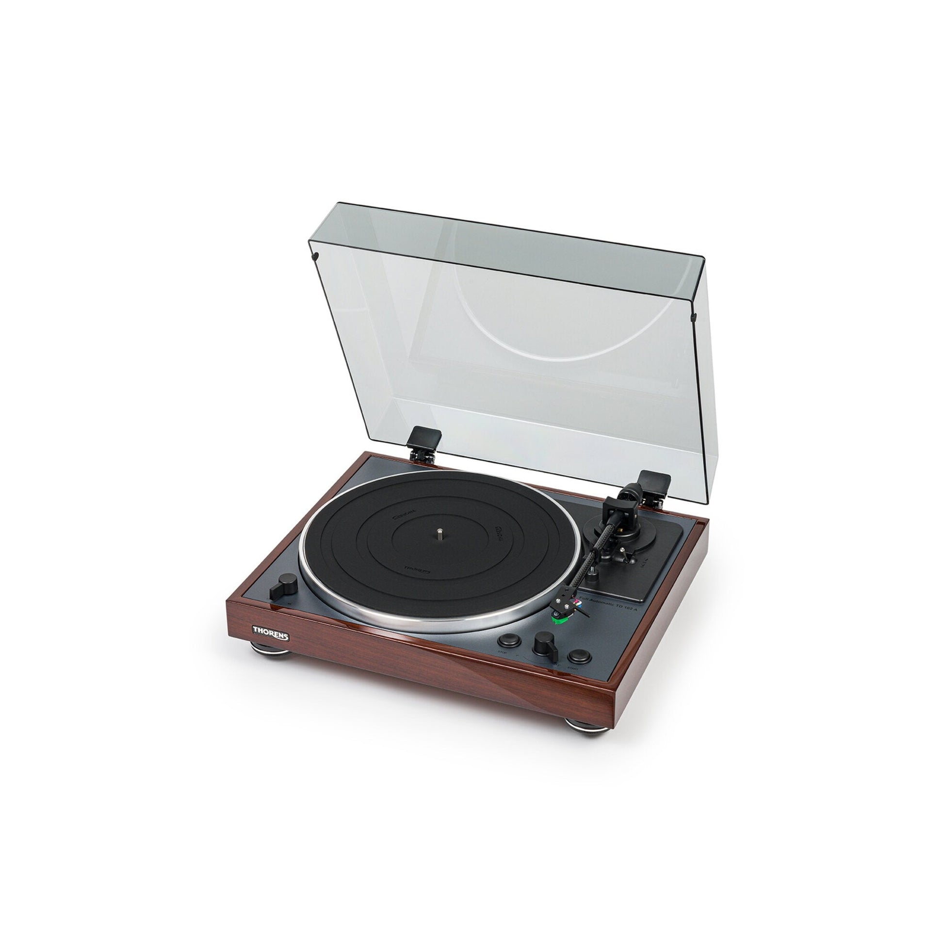 Thorens TD 102 A Plattenspieler Nussbaum Hochglanz Frontansicht mit geöffneter Staubschutzhaube
