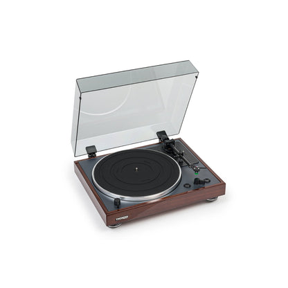 Thorens TD 102 A Plattenspieler Nussbaum Hochglanz Frontansicht schräg von links mit geöffneter Staubschutzhaube
