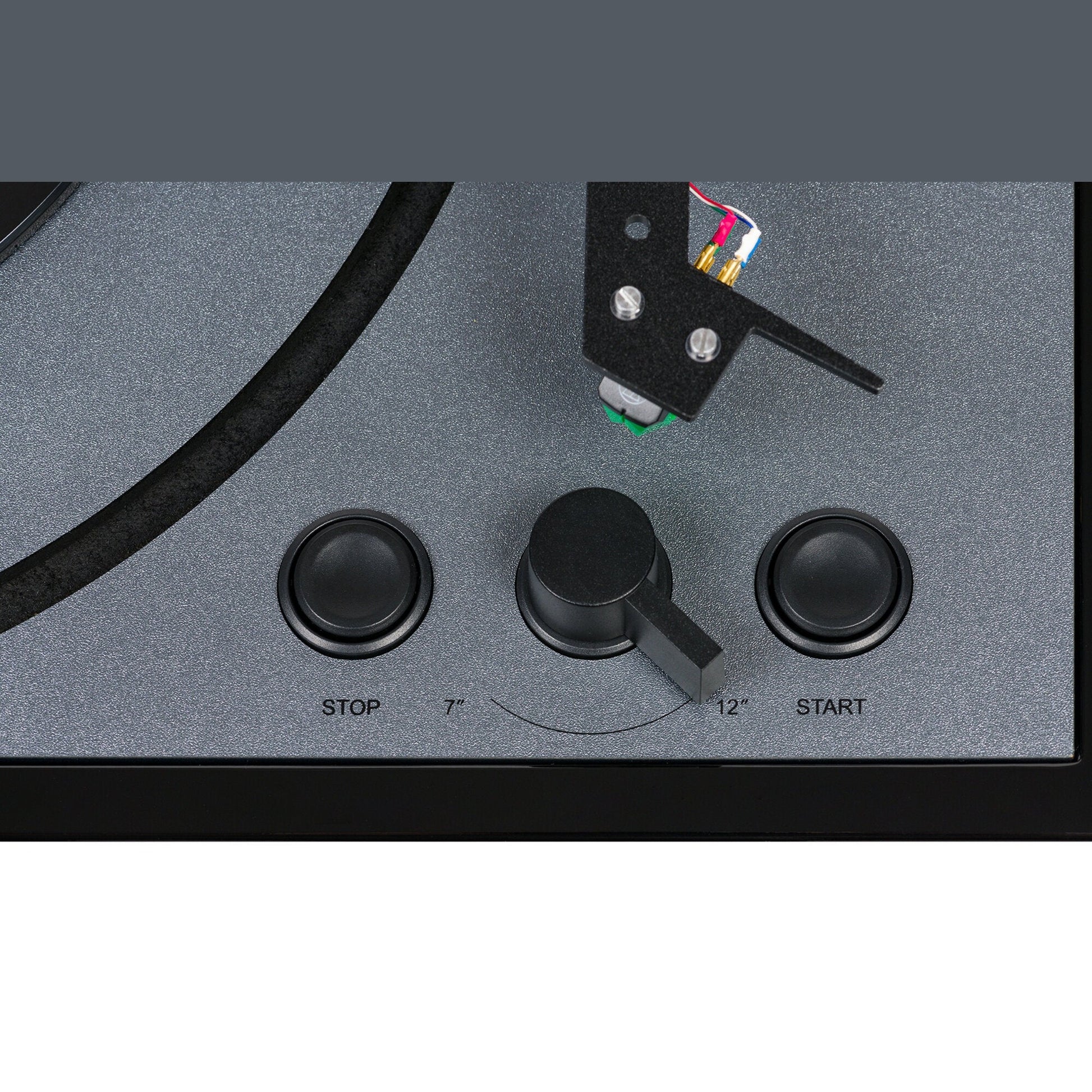 Thorens TD 102 A Plattenspieler Schwarz Hochglanz Detailansicht Bedienelemente Start, Stop und Plattengrösse