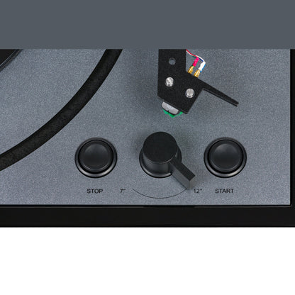 Thorens TD 102 A Plattenspieler Schwarz Hochglanz Detailansicht Bedienelemente Start, Stop und Plattengrösse