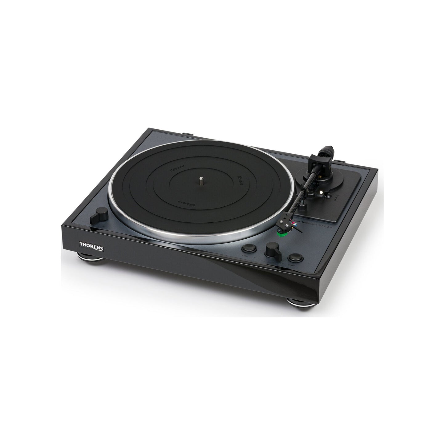 Thorens TD 102 A Plattenspieler Schwarz Hochglanz Frontansicht schräg von links ohne Staubschutzhaube