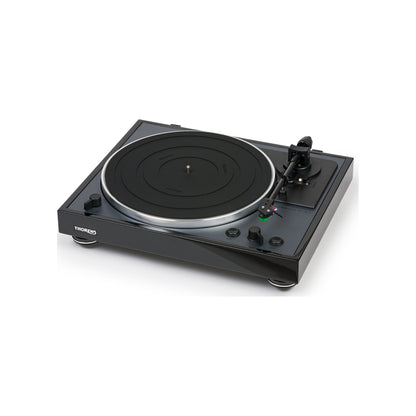 Thorens TD 102 A Plattenspieler Schwarz Hochglanz Frontansicht schräg von links ohne Staubschutzhaube