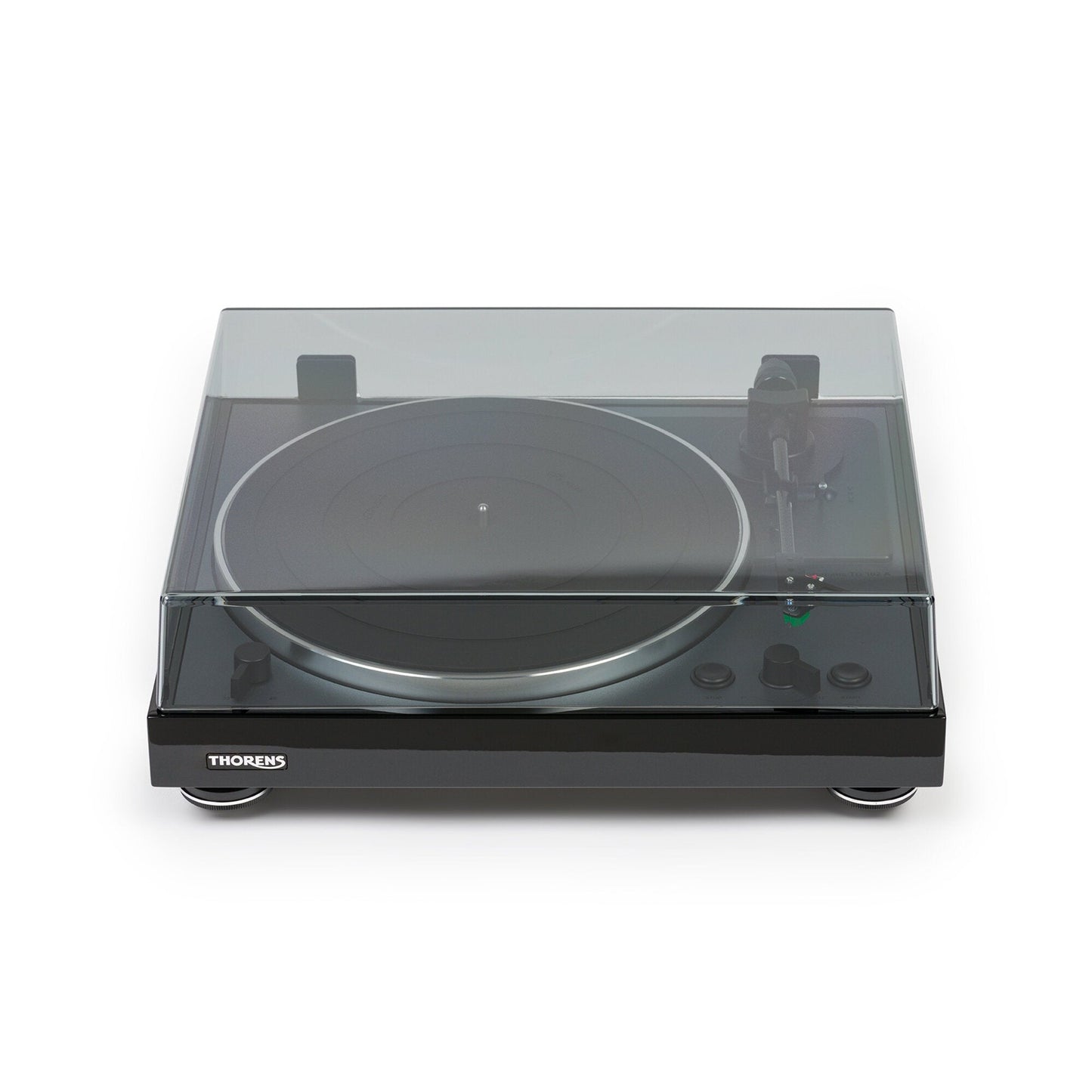 Thorens TD 102 A Plattenspieler Schwarz Hochglanz Frontansicht mit geschlossener Staubschutzhaube