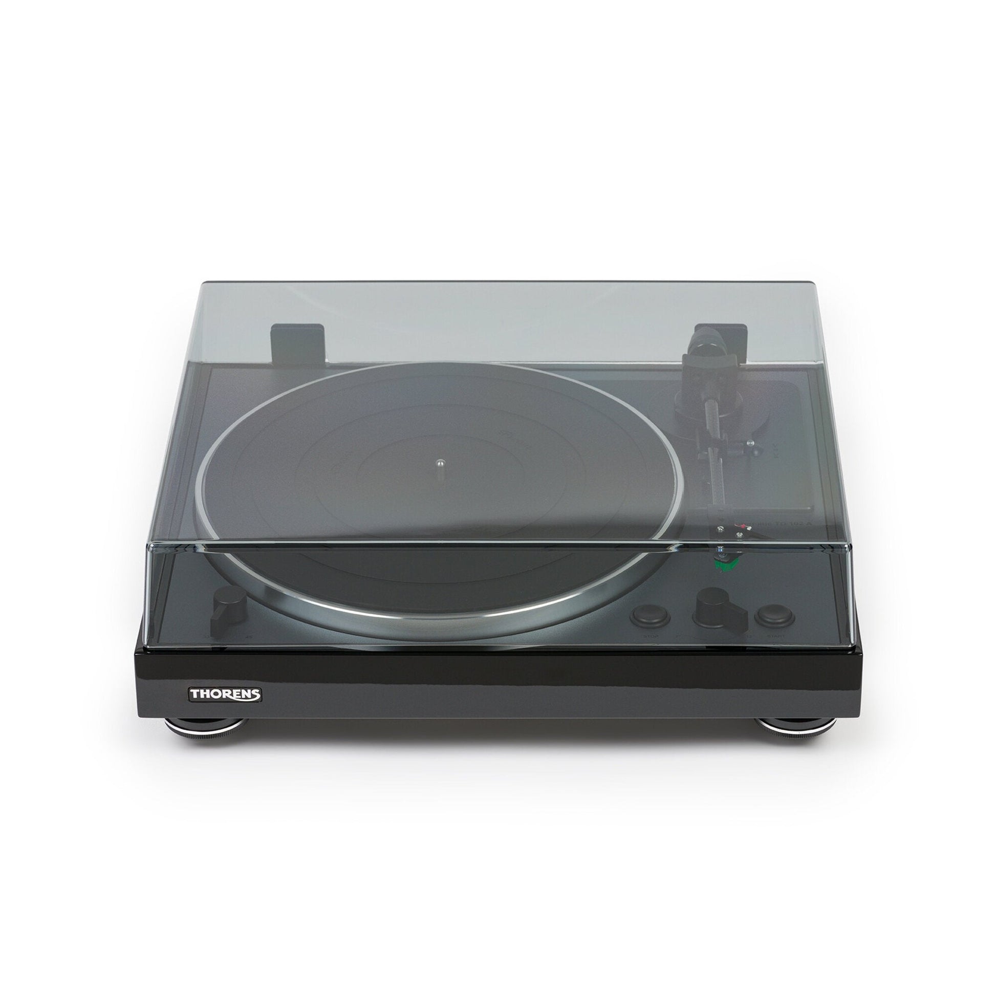 Thorens TD 102 A Plattenspieler Schwarz Hochglanz Frontansicht mit geschlossener Staubschutzhaube