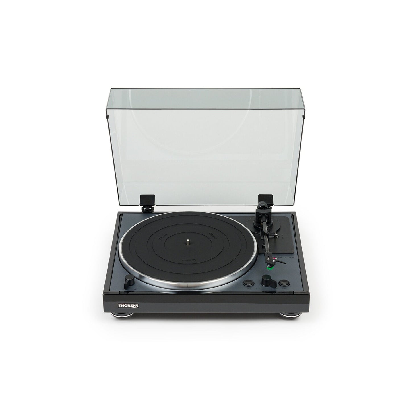 Thorens TD 102 A Plattenspieler Schwarz Hochglanz Frontansicht mit geöffneter Staubschutzhaube