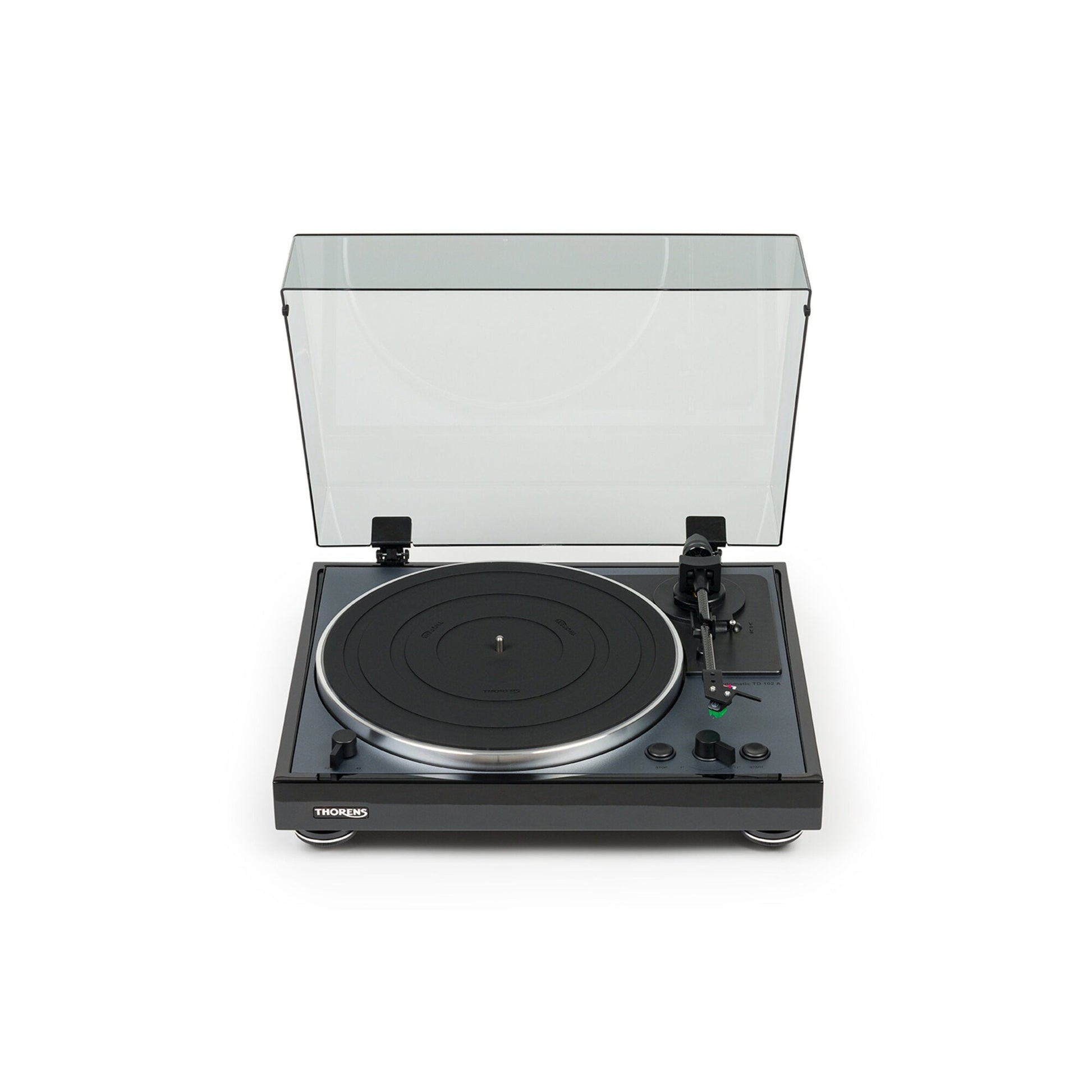 Thorens TD 102 A Plattenspieler Schwarz Hochglanz Frontansicht mit geöffneter Staubschutzhaube