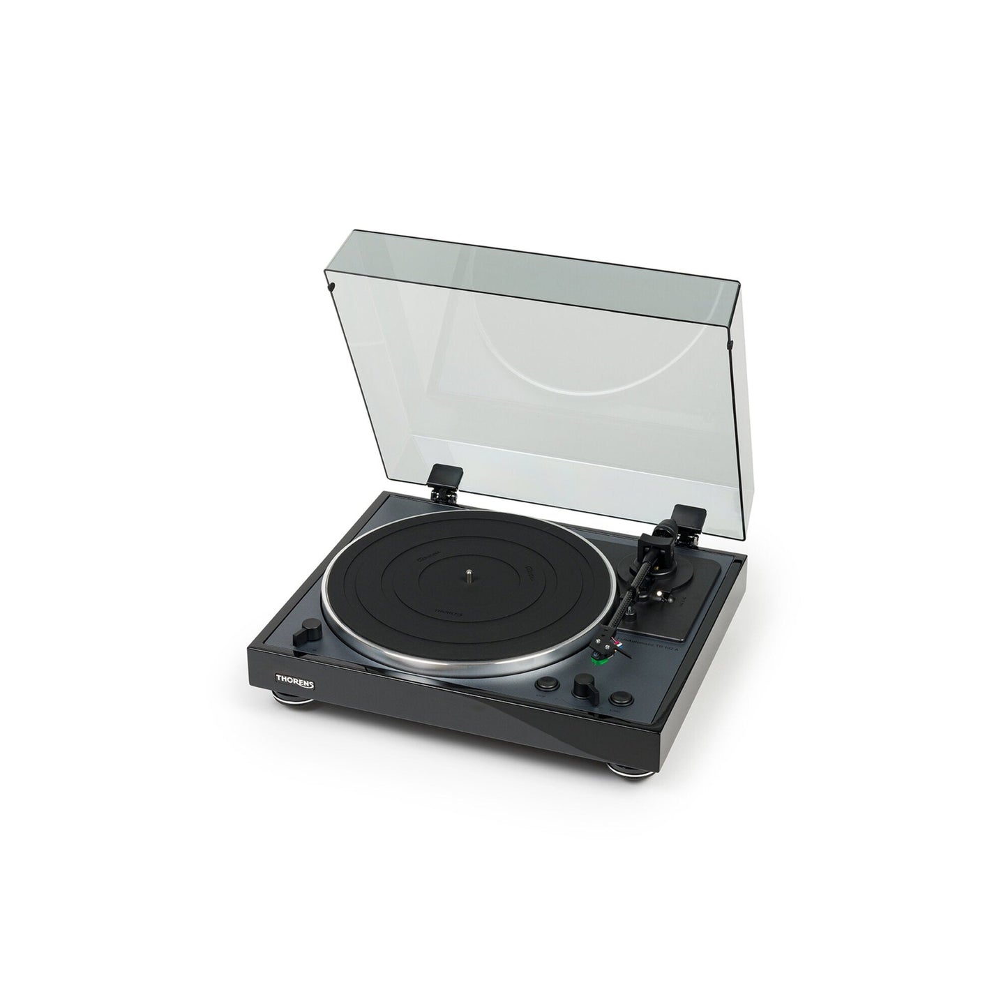 Thorens TD 102 A Plattenspieler Schwarz Hochglanz Frontansicht schräg von links mit geöffneter Staubschutzhaube
