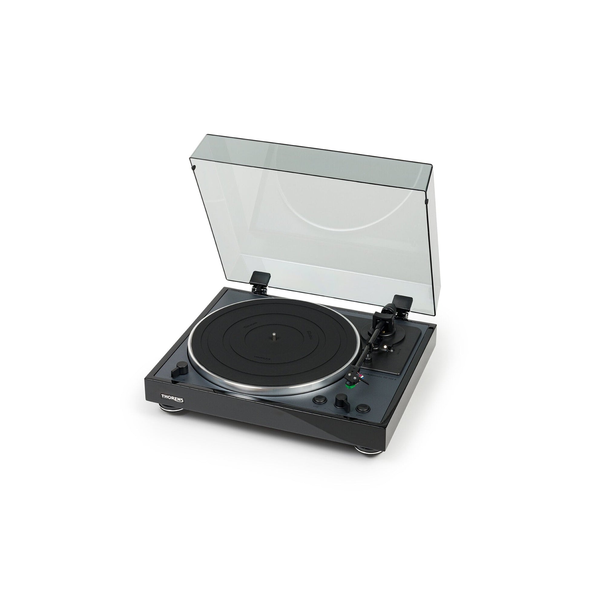 Thorens TD 102 A Plattenspieler Schwarz Hochglanz Frontansicht schräg von links mit geöffneter Staubschutzhaube