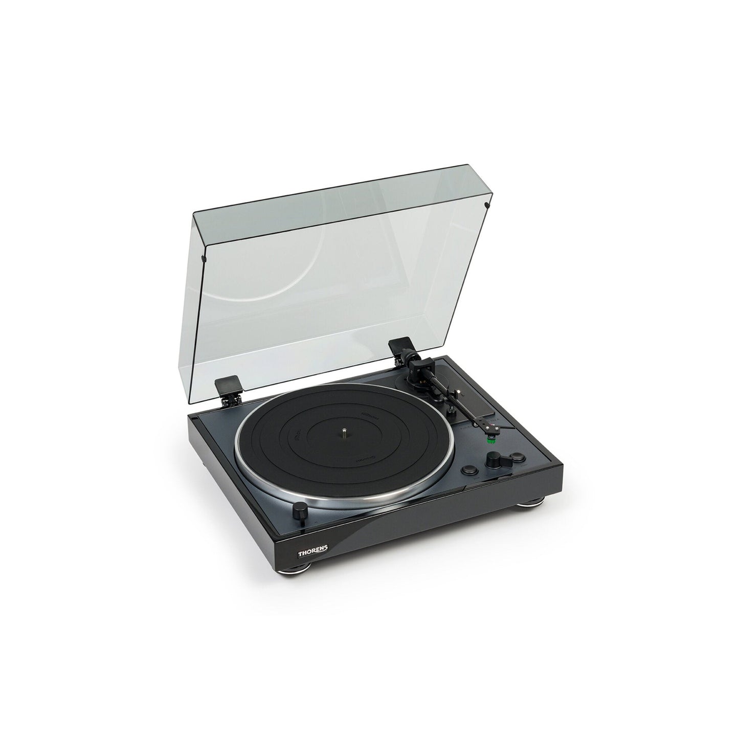 Thorens TD 102 A Plattenspieler Schwarz Hochglanz Frontansicht von rechts mit geöffneter Staubschutzhaube und Bedienelementen