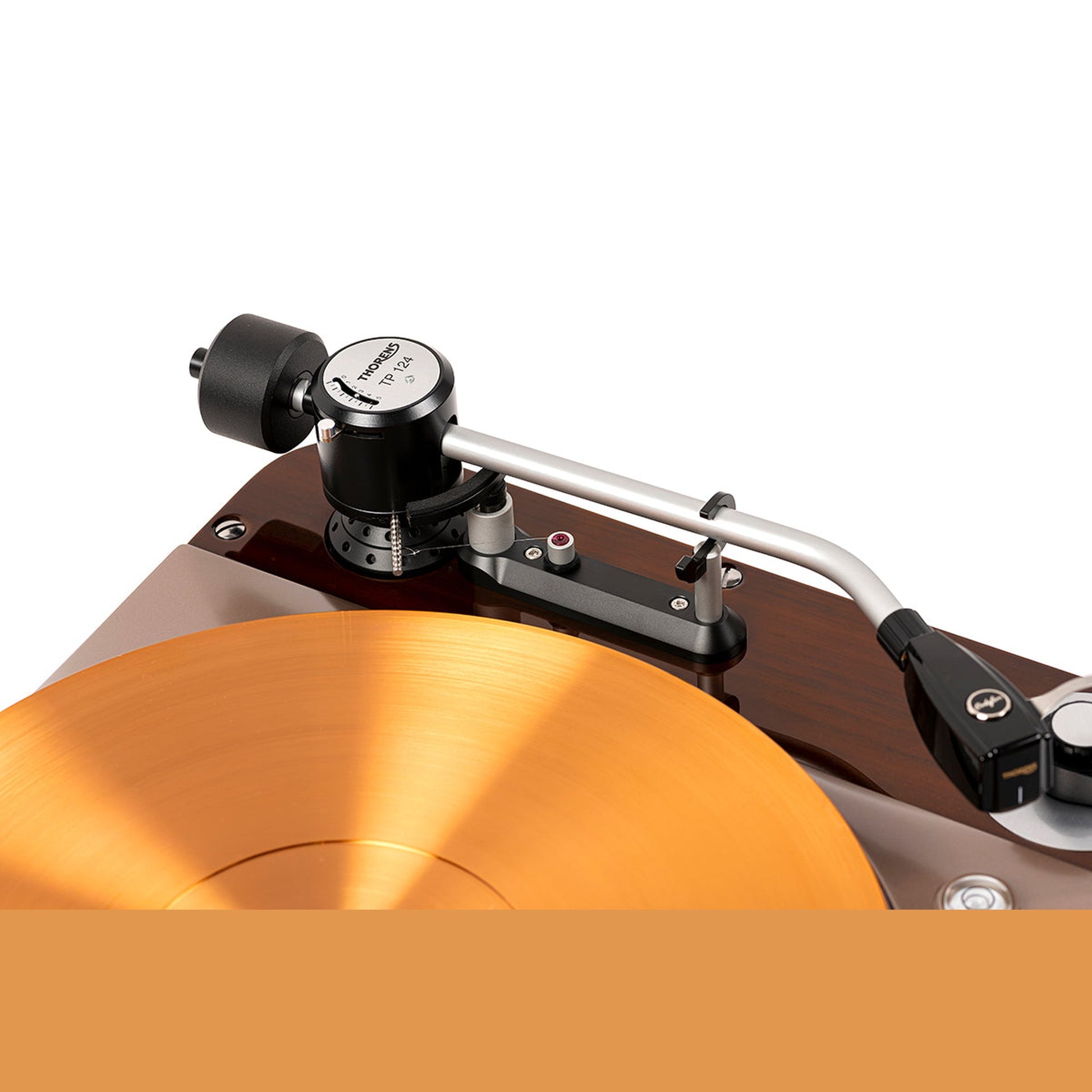 Thorens TD 124 DD Exclusive inkl. EMT Tondose Plattenspieler Detailansicht 4 Tonarm TP 124 über dem Kupferteller