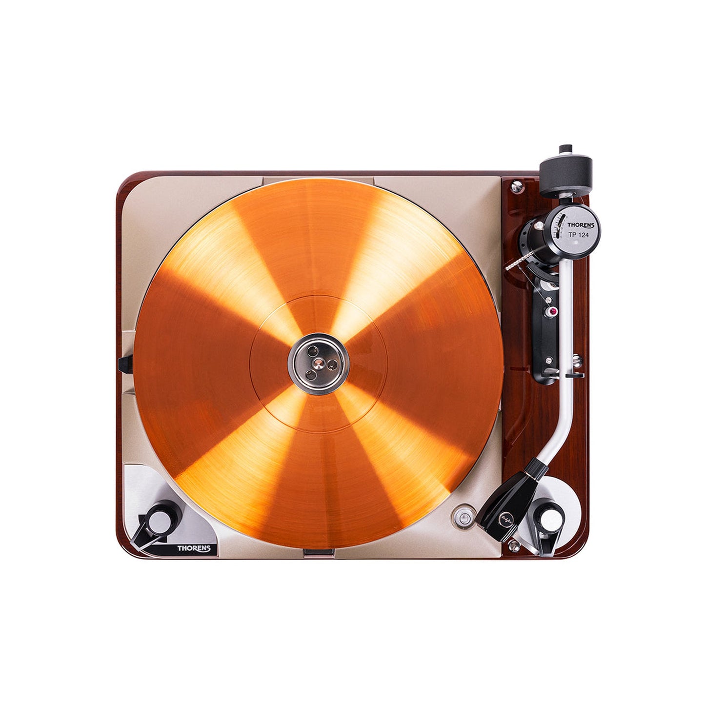 Thorens TD 124 DD Exclusive Plattenspieler Draufsicht auf Kupferteller und Tonarm TP 124