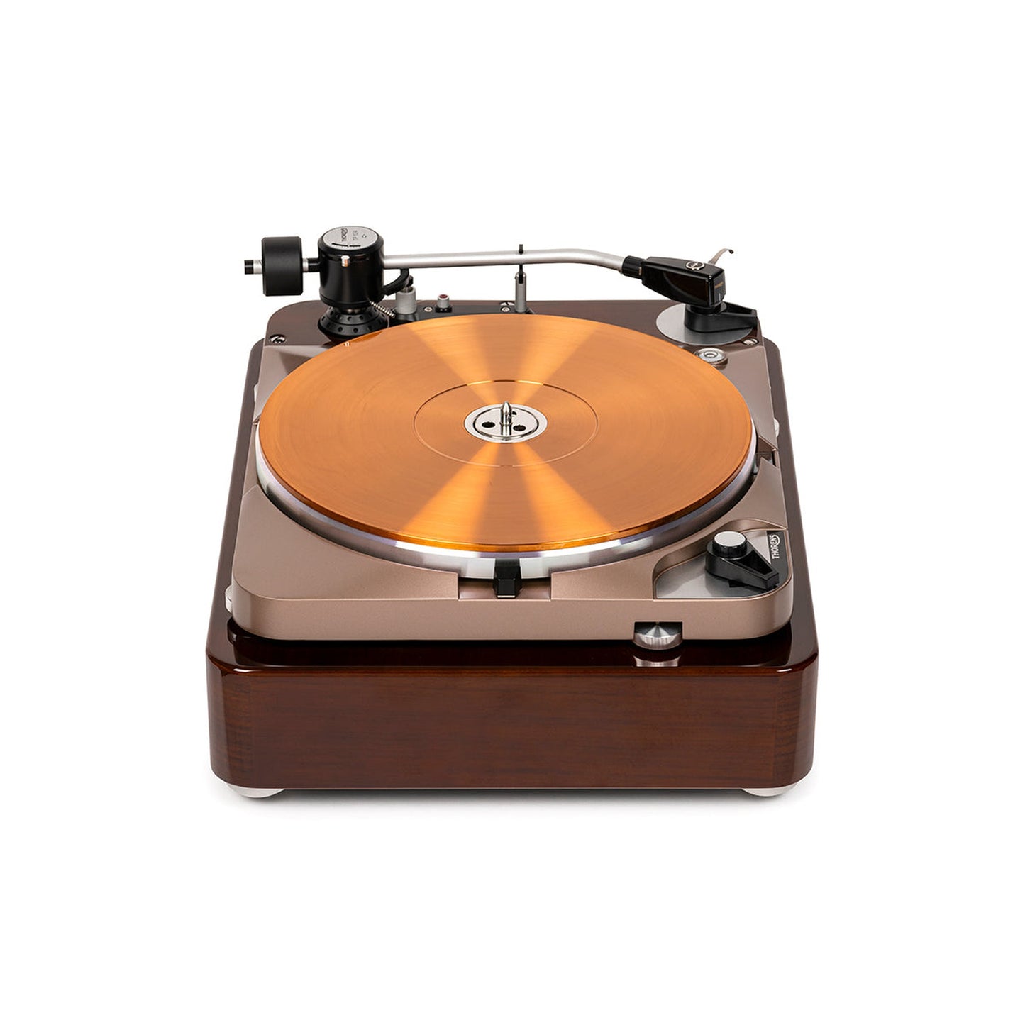 Thorens TD 124 DD Exclusive Plattenspieler Frontansicht mit Tonarm TP 124 und Kupferteller