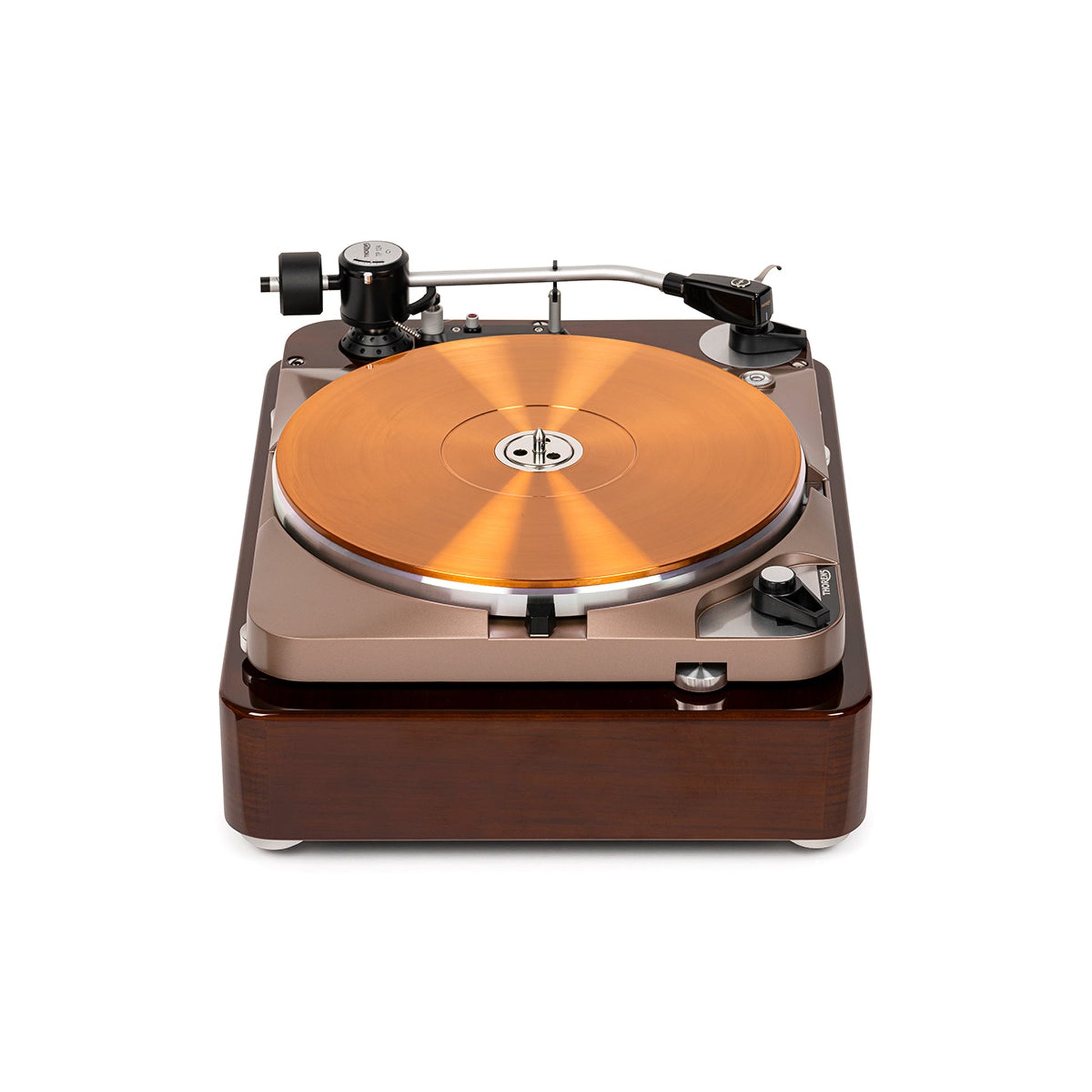 Thorens TD 124 DD Exclusive Plattenspieler Frontansicht mit Tonarm TP 124 und Kupferteller