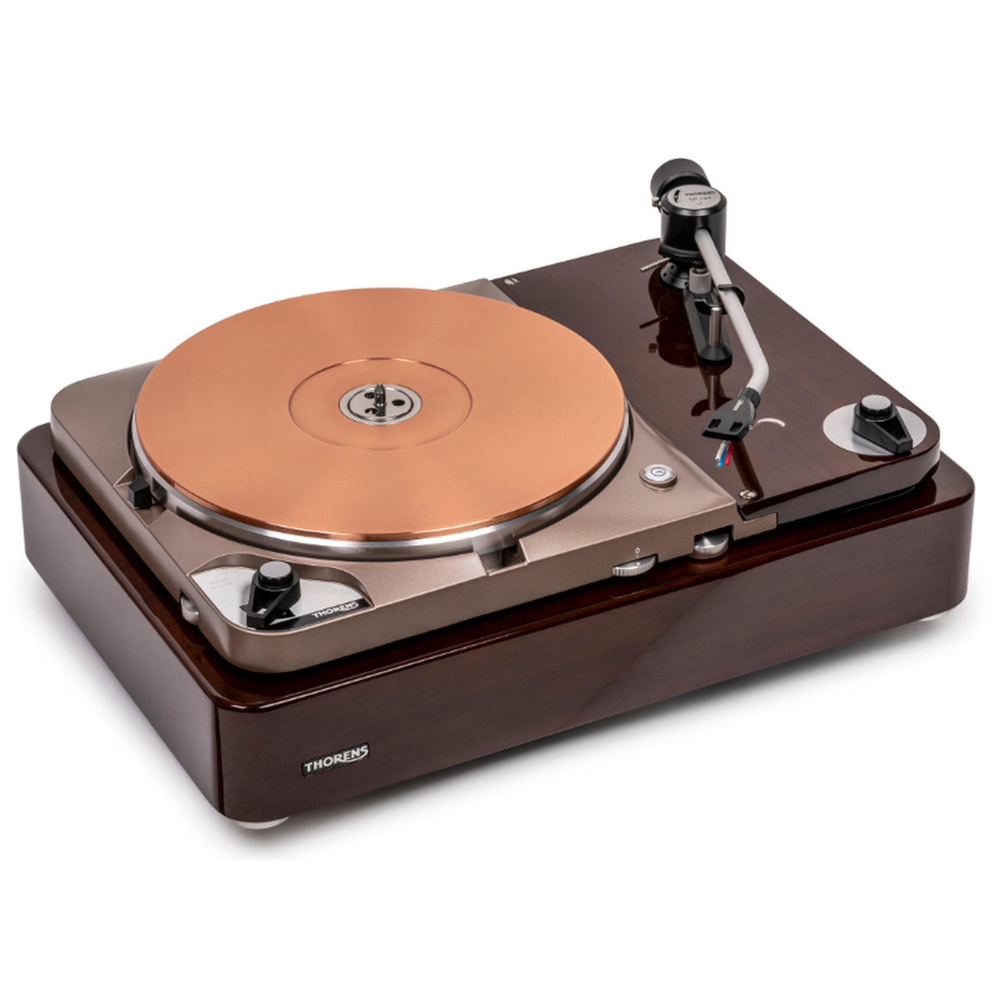 Thorens TD 124 DD Exclusive Plattenspieler Schrägansicht 2 mit Kupferteller und Tonarm TP 124