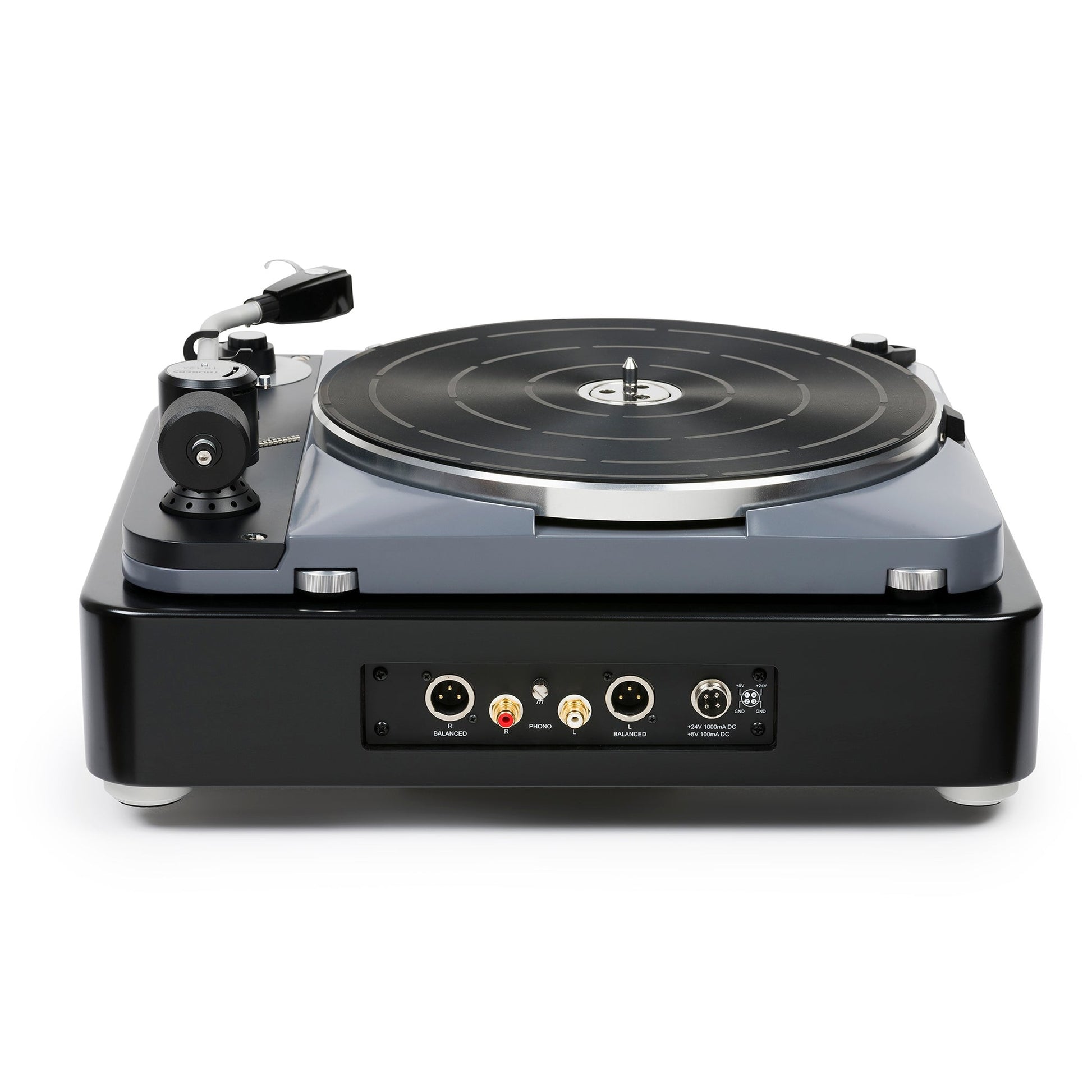 Thorens TD 124 DD Plattenspieler Schwarz Rückansicht mit Cinch-, XLR- und DIN-Anschlüssen