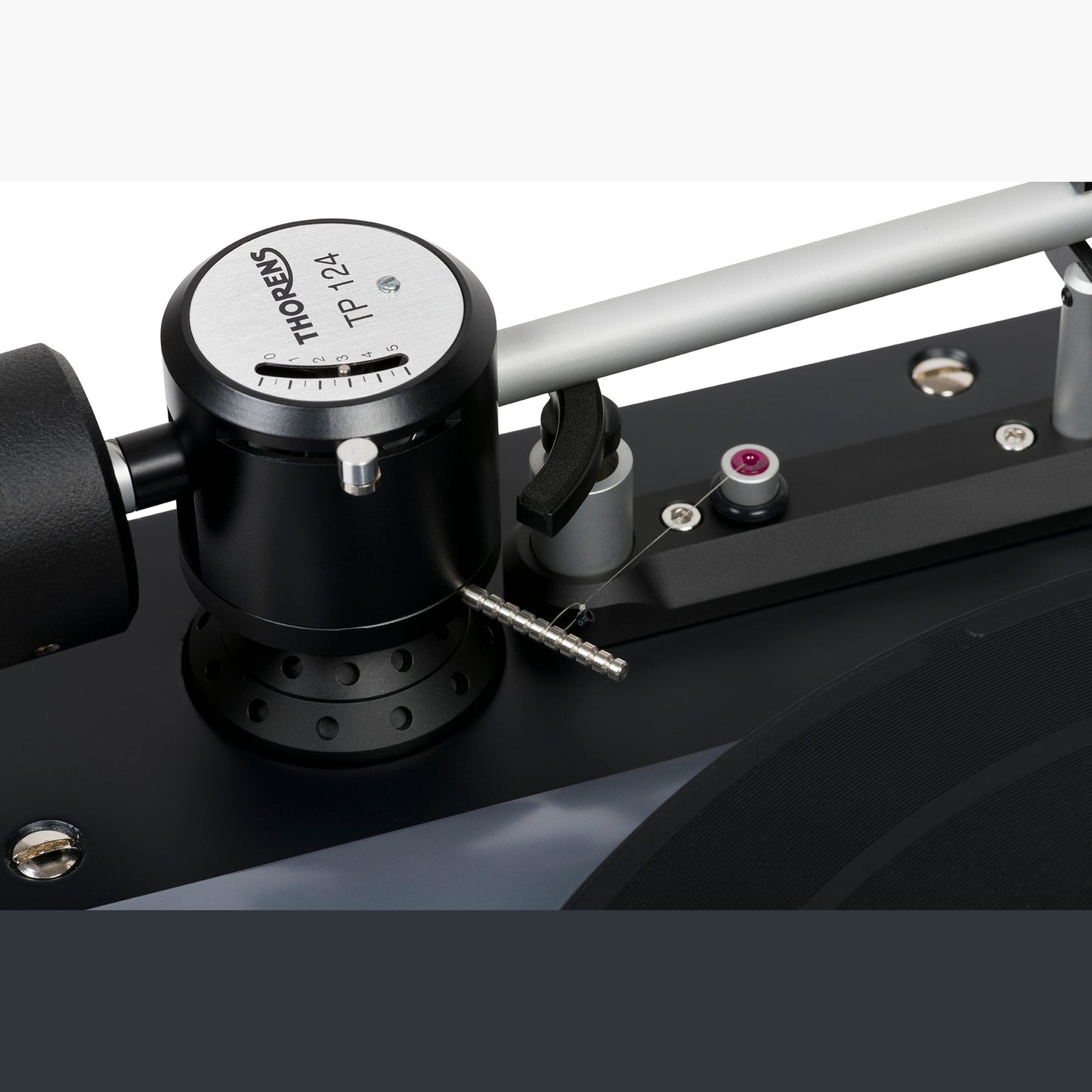 Thorens TD 124 DD + SPU-124 Plattenspieler Schwarz Detailansicht 8 Tonarmbasis mit Antiskating