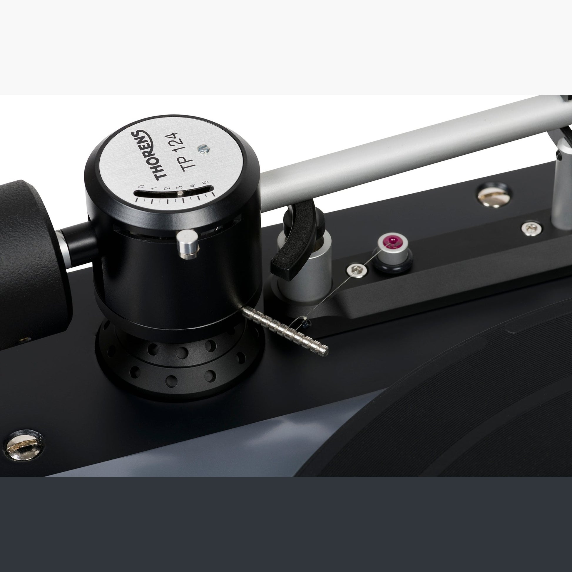 Thorens TD 124 DD + SPU-124 Plattenspieler Schwarz Detailansicht 8 Tonarmbasis mit Antiskating