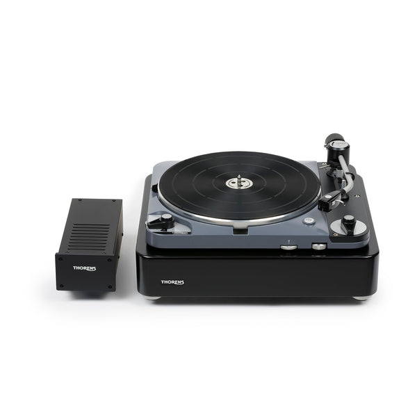 Thorens TD 124 DD + SPU-124 Plattenspieler Schwarz Schrägansicht mit externem Netzteil