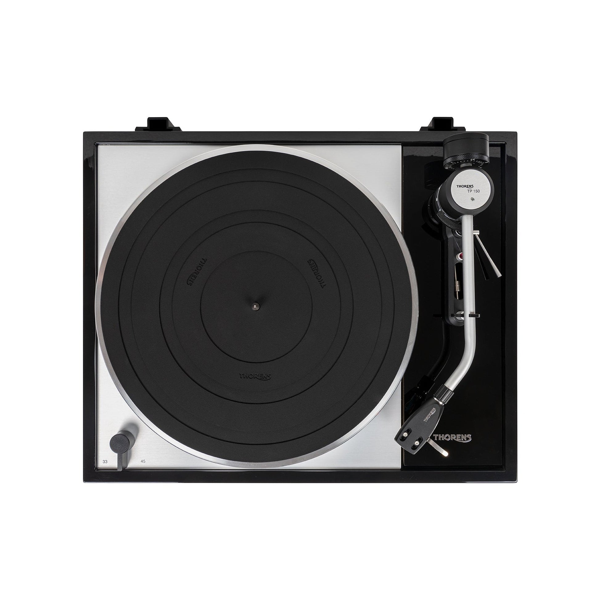 Thorens TD 1500 Plattenspieler Schwarz Hochglanz Draufsicht auf Plattenteller und Tonarm TP 150