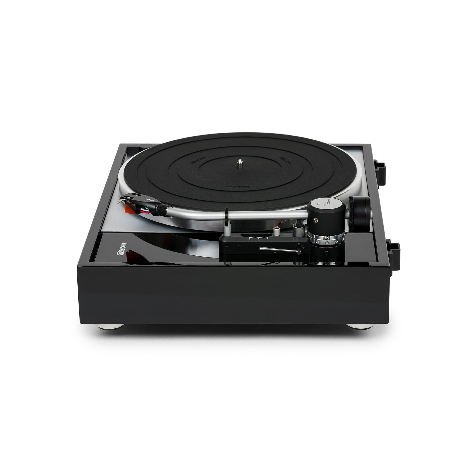 Thorens TD 1500 Plattenspieler Schwarz Hochglanz Frontansicht mit Tonarm TP 150 über dem Plattenteller