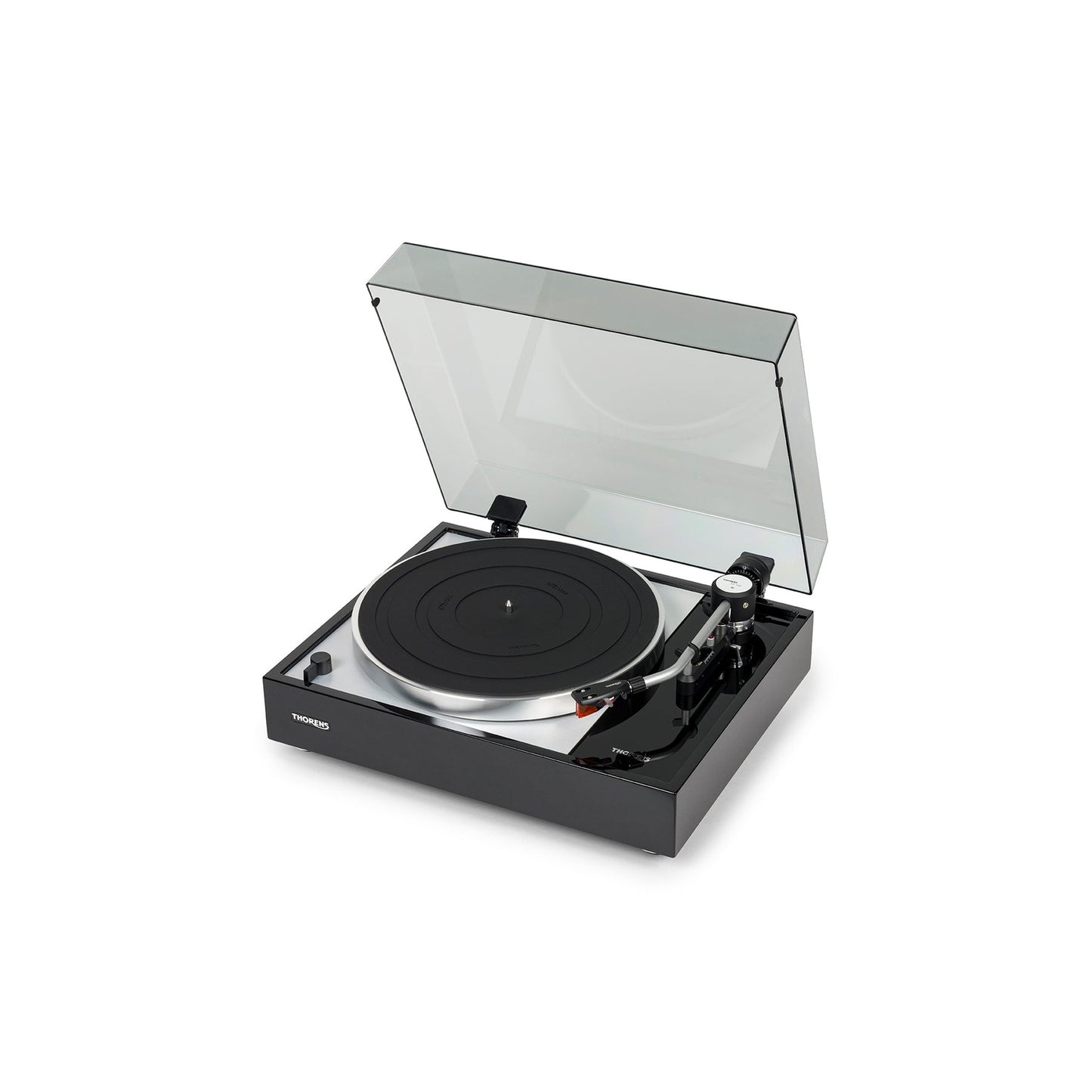 Thorens TD 1500 Plattenspieler Schwarz Hochglanz Frontansicht mit geöffneter Staubschutzhaube, Ansicht von links