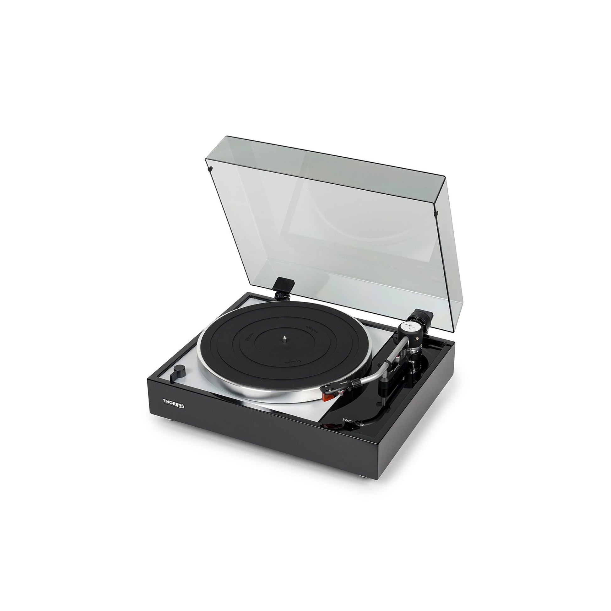 Thorens TD 1500 Plattenspieler Schwarz Hochglanz Frontansicht mit geöffneter Staubschutzhaube, Ansicht von links