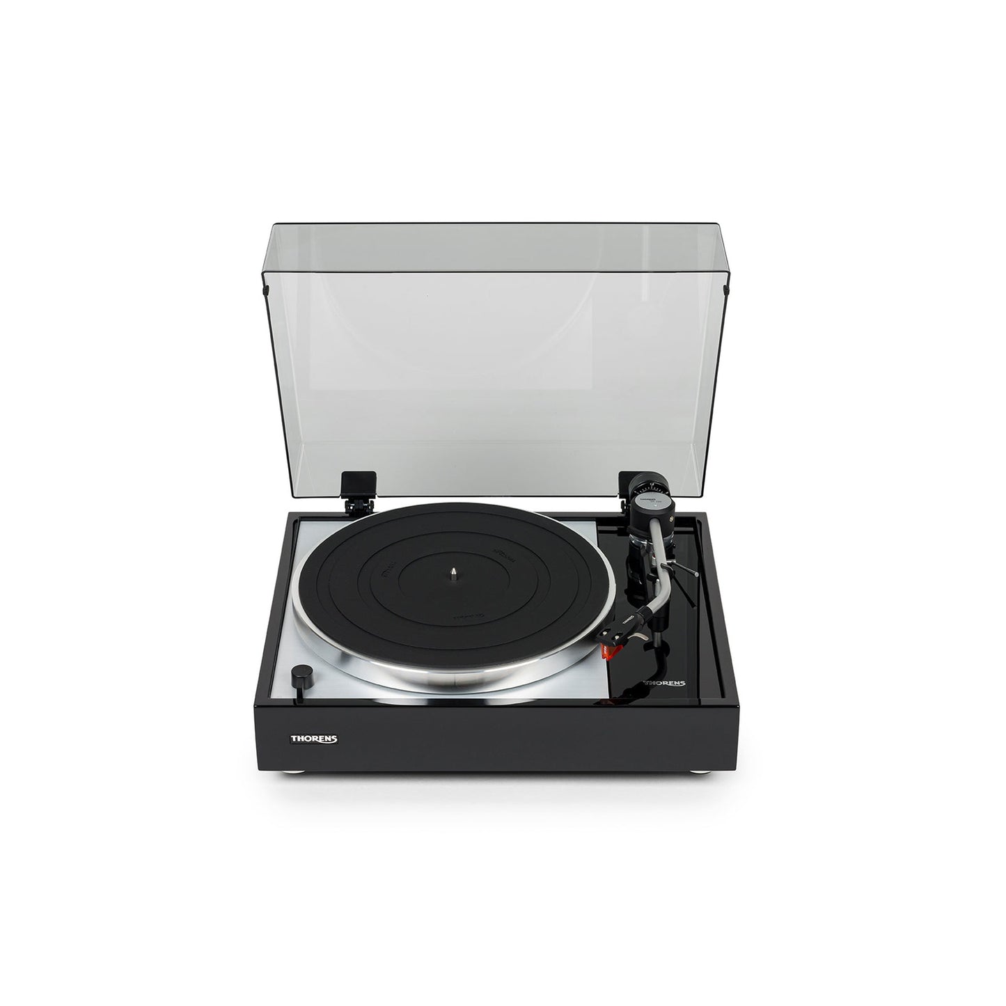 Thorens TD 1500 Plattenspieler Schwarz Hochglanz Frontansicht mit geöffneter Staubschutzhaube, Ansicht von vorn