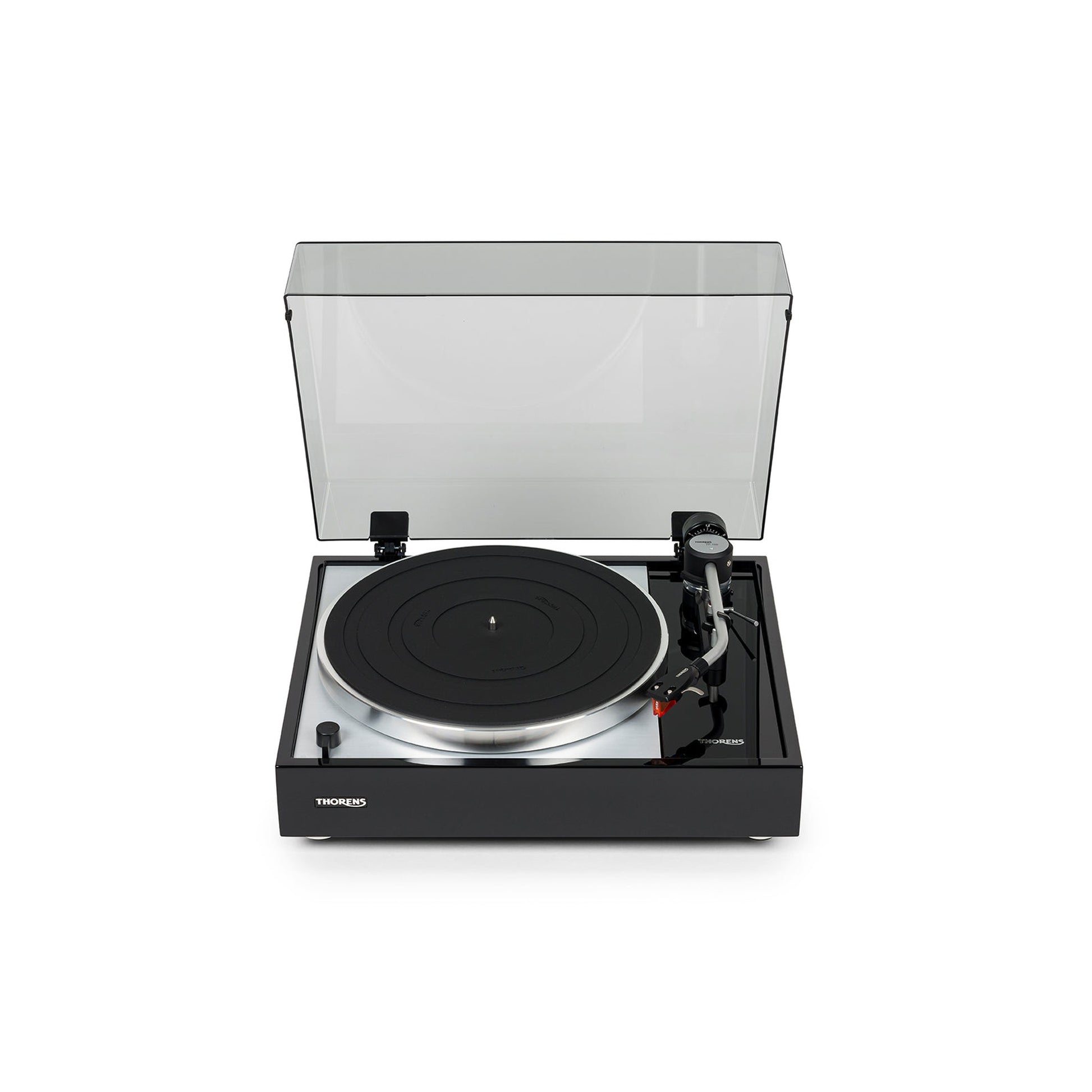 Thorens TD 1500 Plattenspieler Schwarz Hochglanz Frontansicht mit geöffneter Staubschutzhaube, Ansicht von vorn