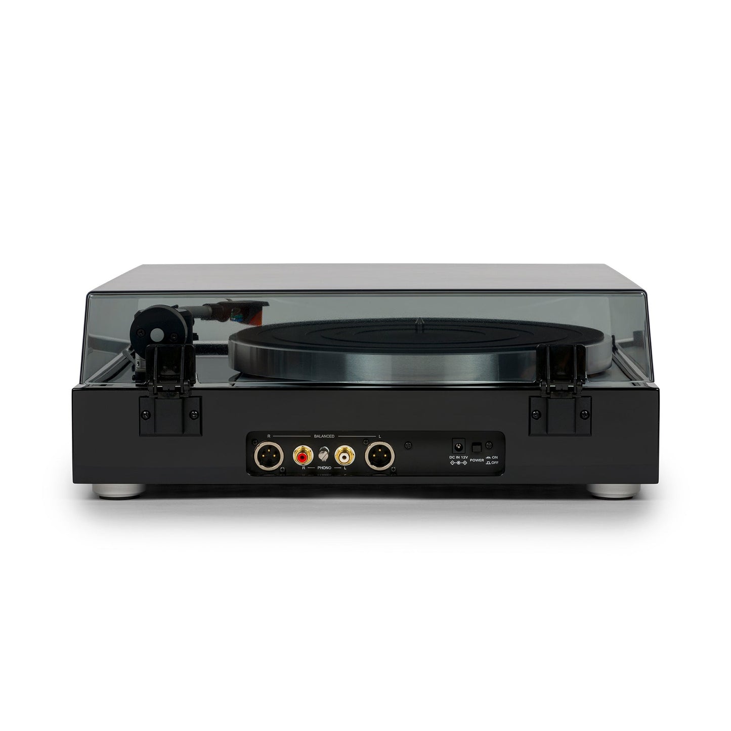 Thorens TD 1500 Plattenspieler Schwarz Hochglanz Rückansicht mit Cinch- und XLR-Anschlussfeld