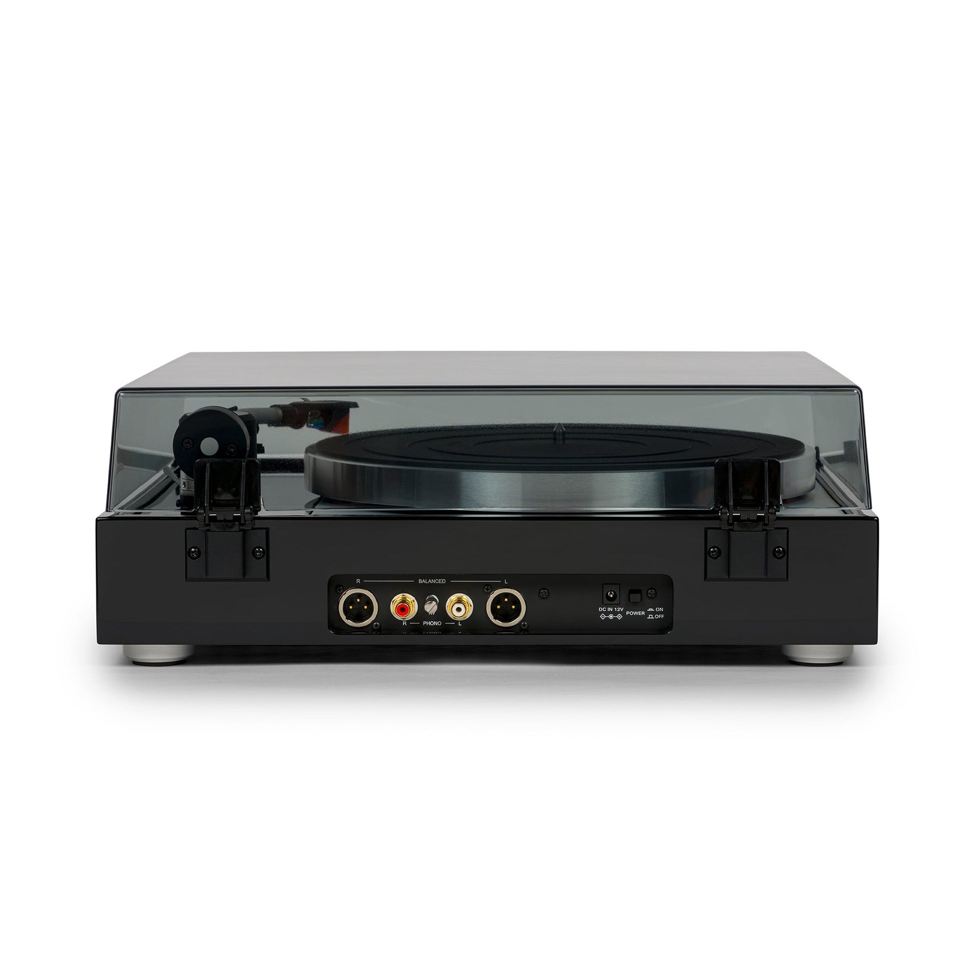 Thorens TD 1500 Plattenspieler Schwarz Hochglanz Rückansicht mit Cinch- und XLR-Anschlussfeld