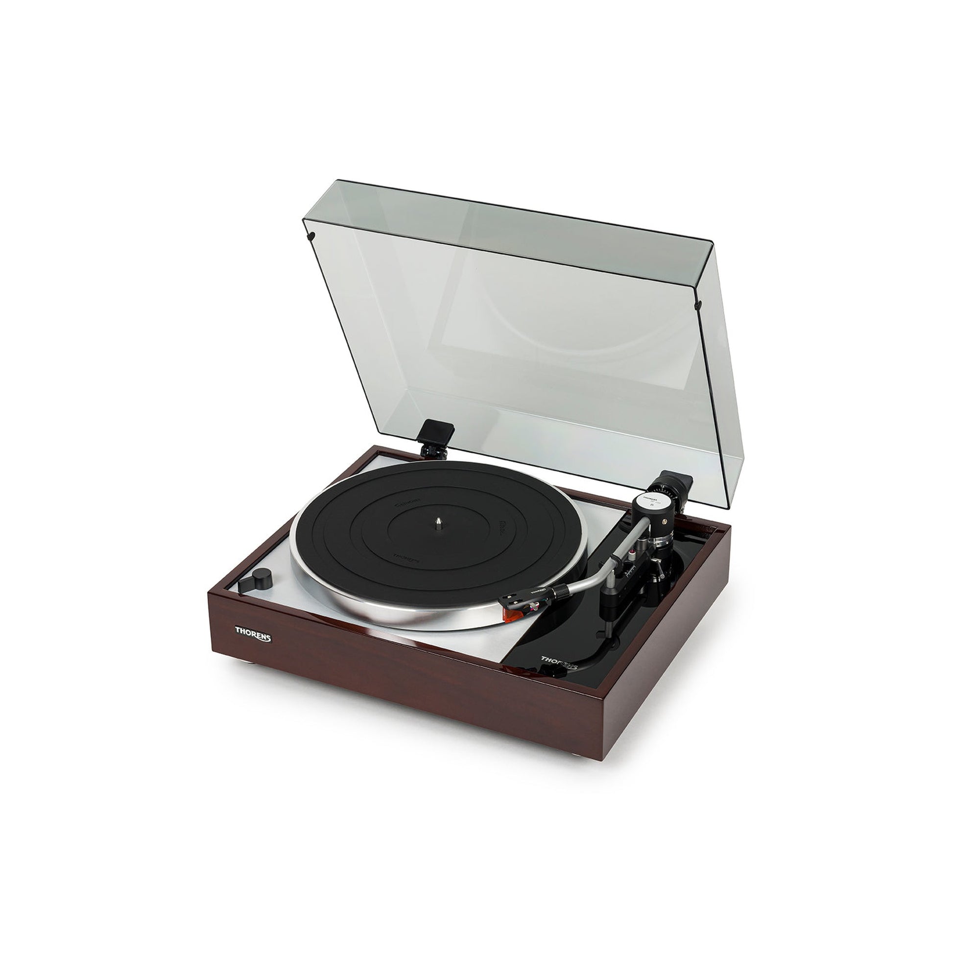 Thorens TD 1500 Plattenspieler Walnuss Hochglanz Frontansicht mit geöffneter Staubschutzhaube, Ansicht von rechts
