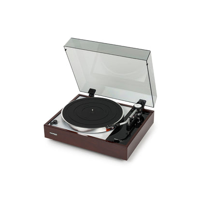 Thorens TD 1500 Plattenspieler Walnuss Hochglanz Frontansicht mit geöffneter Staubschutzhaube, Ansicht von rechts