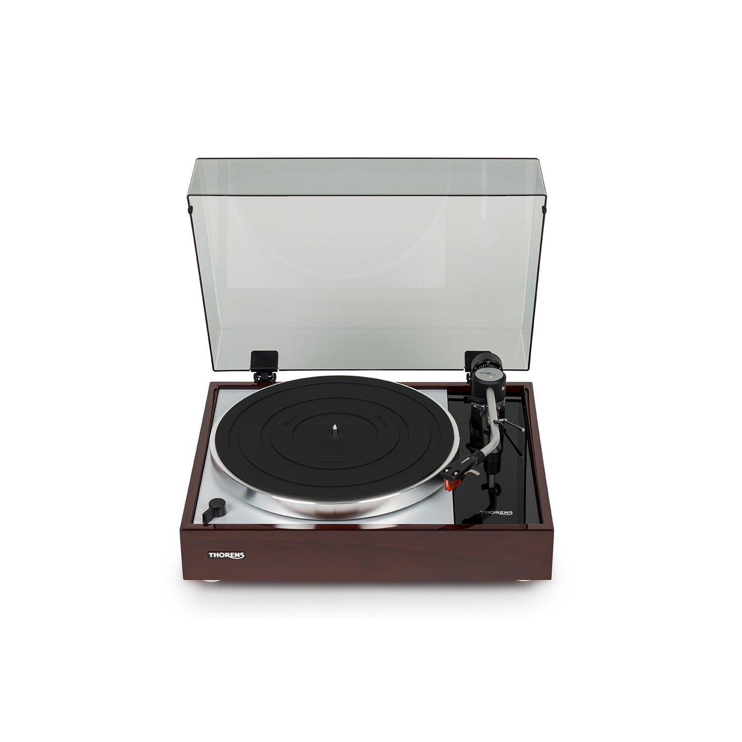 Thorens TD 1500 Plattenspieler Walnuss Hochglanz Frontansicht mit geöffneter Staubschutzhaube, Ansicht von links