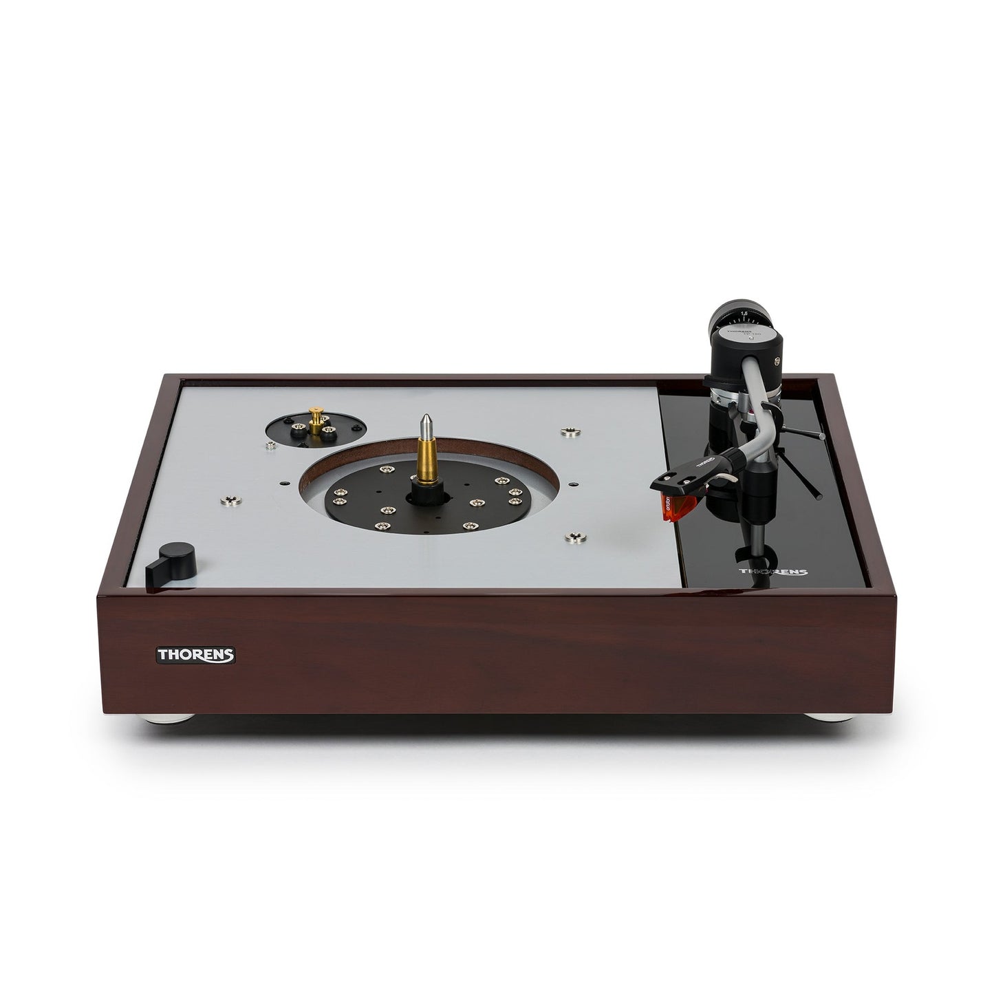 Thorens TD 1500 Plattenspieler Walnuss Hochglanz Frontansicht ohne Plattenteller mit sichtbarem Tellerlager