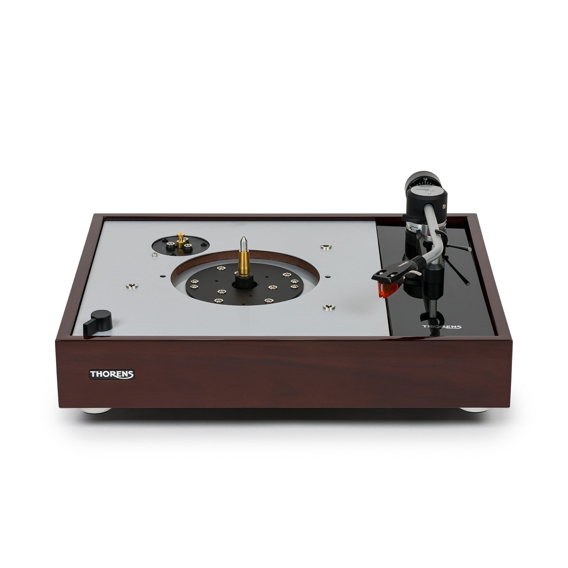 Thorens TD 1500 Plattenspieler Walnuss Hochglanz Frontansicht ohne Plattenteller mit sichtbarem Tellerlager