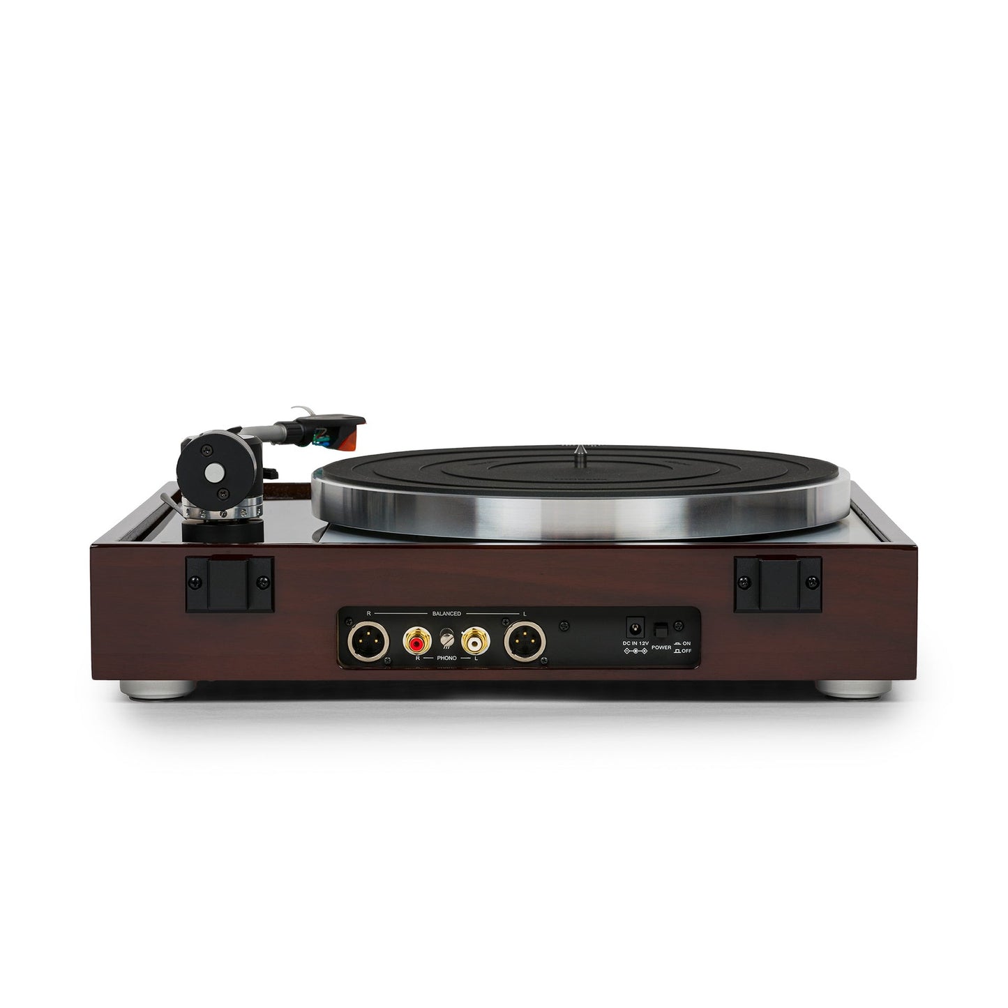 Thorens TD 1500 Plattenspieler Walnuss Hochglanz Rückansicht mit Cinch- und XLR-Anschlussfeld
