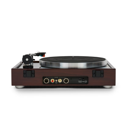 Thorens TD 1500 Plattenspieler Walnuss Hochglanz Rückansicht mit Cinch- und XLR-Anschlussfeld