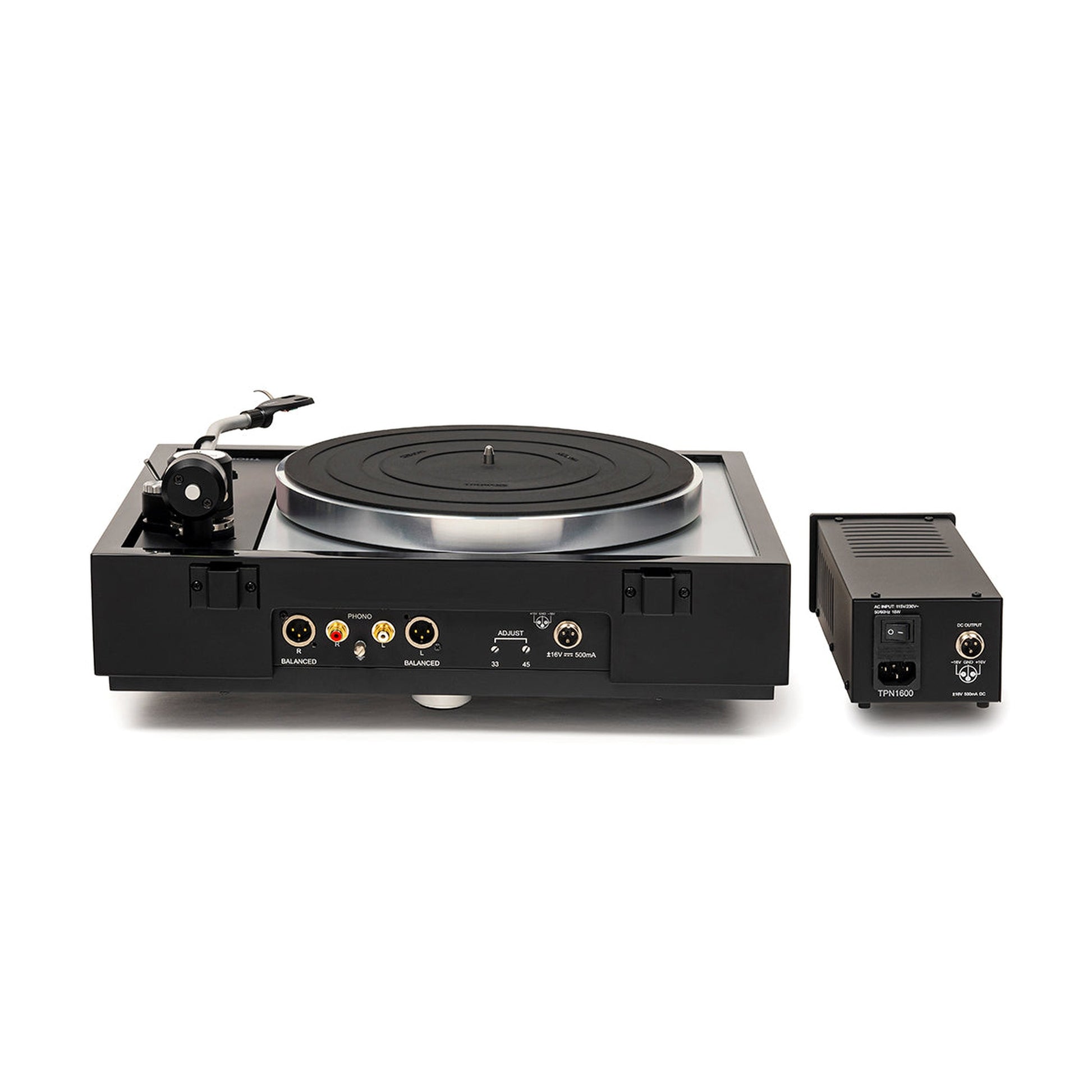 Thorens TD 1600 (TP 160) Plattenspieler Schwarz Anschlussfeld mit XLR- und Cinch-Ausgängen, Netzteil TPN 1600 rückseitig