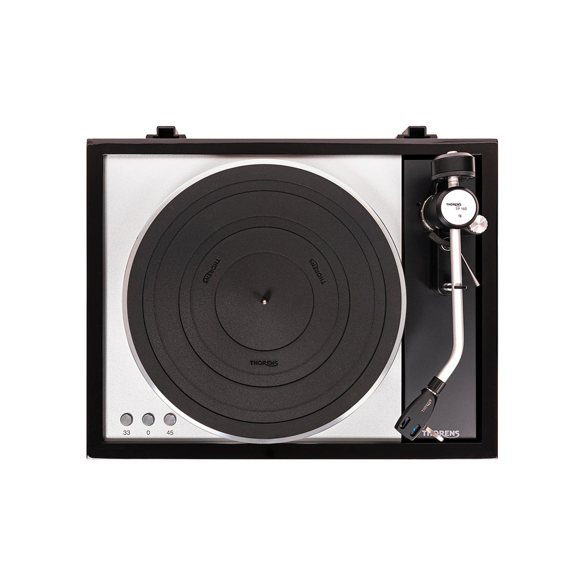 Thorens TD 1600 (TP 160) Plattenspieler Schwarz Draufsicht auf Plattenteller und Tonarm TP 160