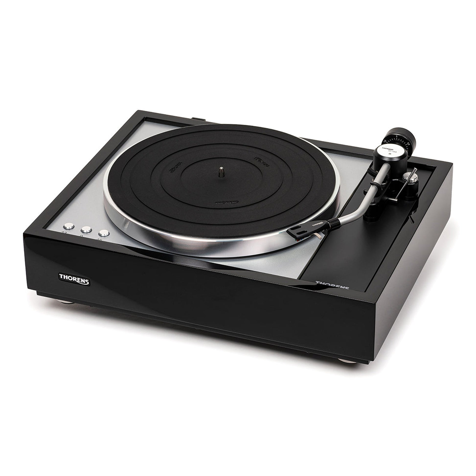 Thorens TD 1600 (TP 160) Plattenspieler Schwarz Frontansicht ohne Staubschutzhaube, Ansicht von links