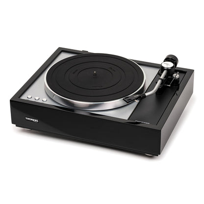 Thorens TD 1600 (TP 160) Plattenspieler Schwarz Frontansicht ohne Staubschutzhaube, Ansicht von links