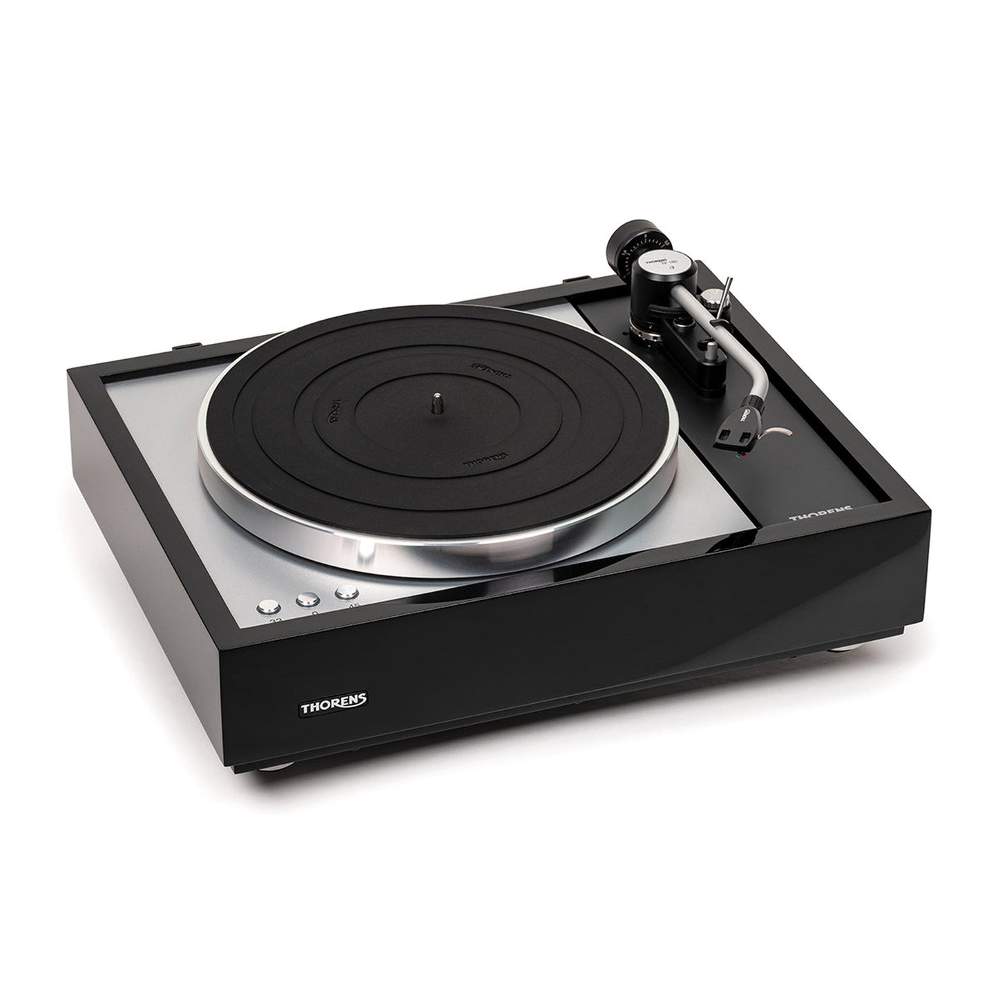 Thorens TD 1600 (TP 160) Plattenspieler Schwarz Frontansicht ohne Staubschutzhaube, Ansicht von rechts