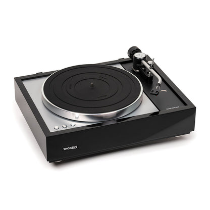Thorens TD 1600 (TP 160) Plattenspieler Schwarz Frontansicht ohne Staubschutzhaube, Ansicht von rechts