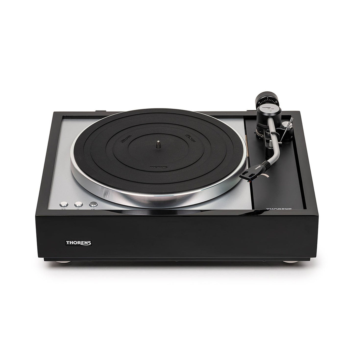 Thorens TD 1600 (TP 160) Plattenspieler Schwarz Frontansicht mit Plattenteller und Tonarm TP 160